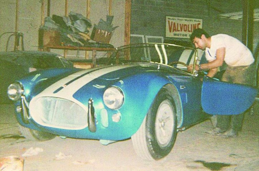 Bill Kolb Jr. with his 1965 Cobra 427 repainted white paint around radiator opening
